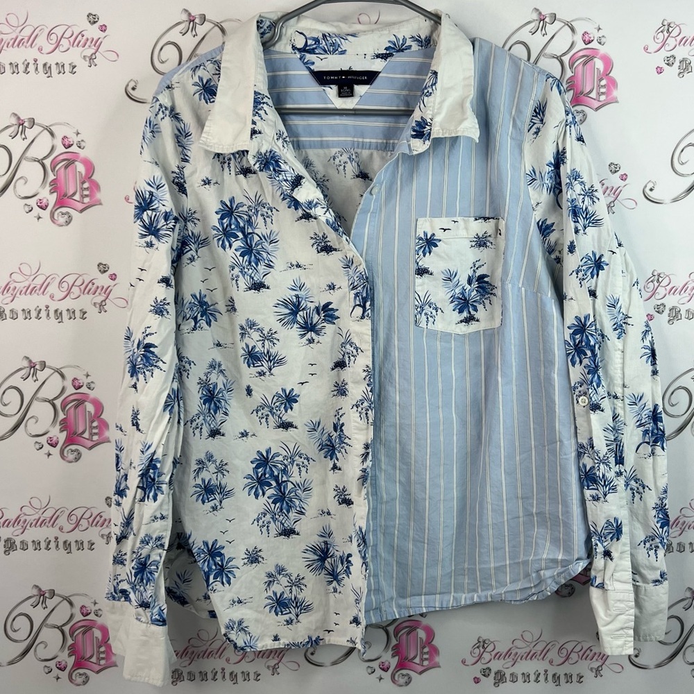 Tommy Hilfiger long sleeve palm trees white stripe Blue Floral Striped Shirt